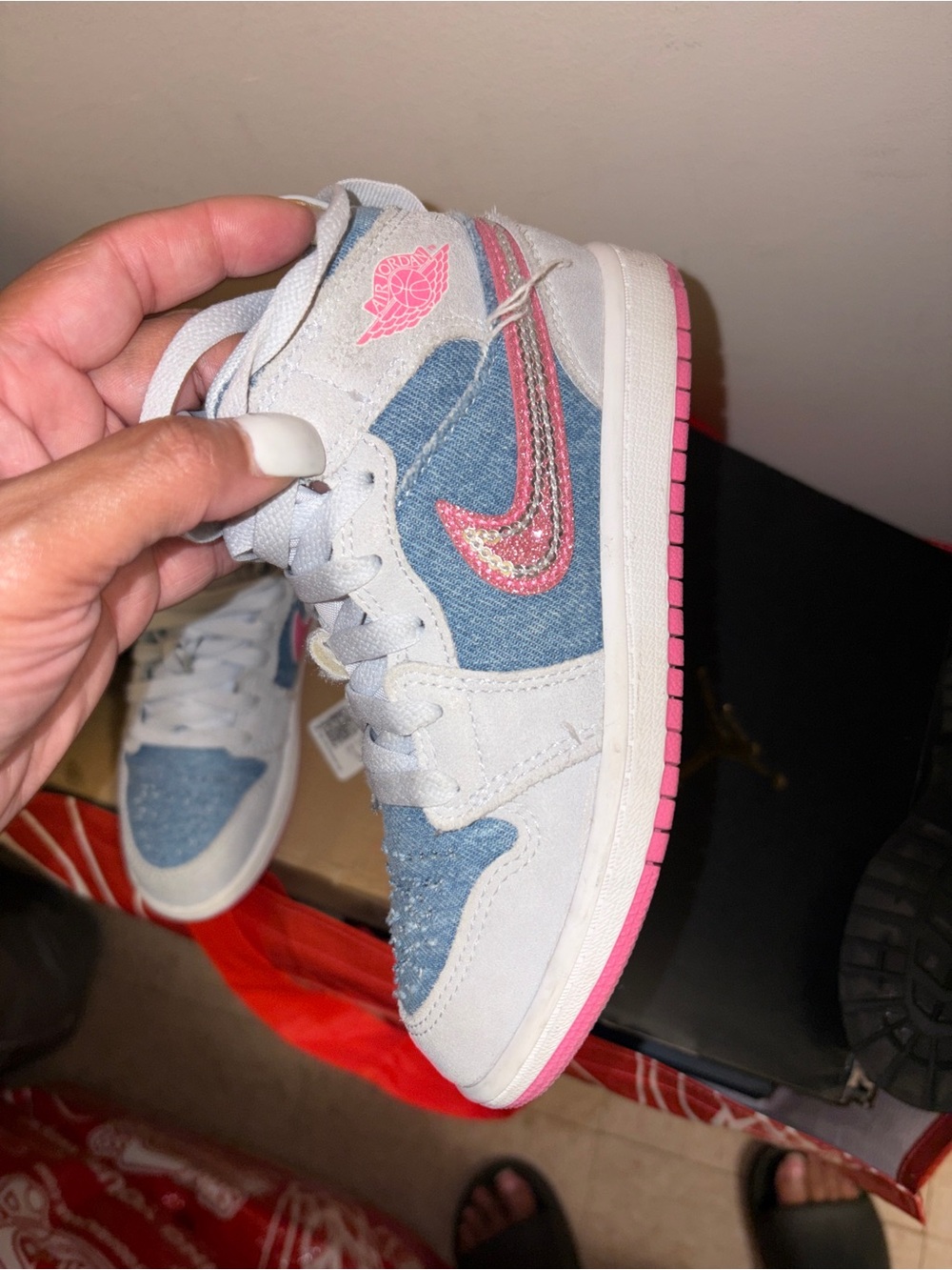 Jordan 1 Kids White and Light Blue Sneakers with Pink Logo Accents - Picture 3 of 7